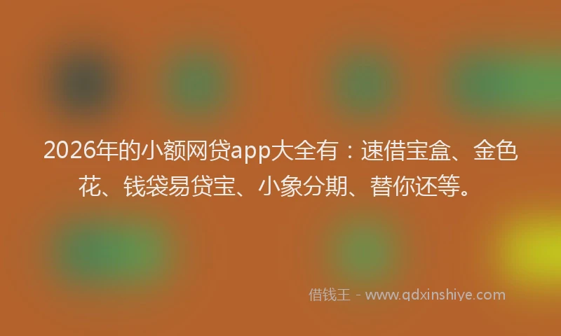 2026年的小额网贷app大全有：速借宝盒、金色花、钱袋易贷宝、小象分期、替你还等。