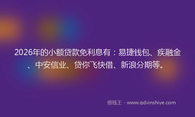 2026年的小额贷款免利息有：易捷钱包、疾融金、中安信业、贷你飞快借、新浪分期等。