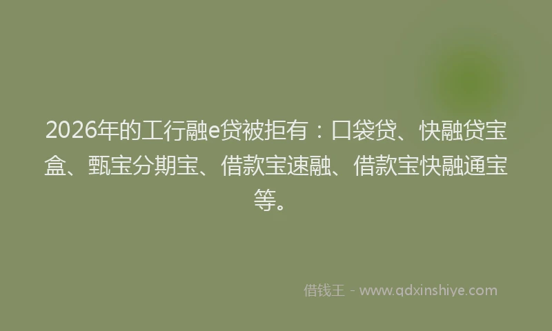 2026年的工行融e贷被拒有：口袋贷、快融贷宝盒、甄宝分期宝、借款宝速融、借款宝快融通宝等。