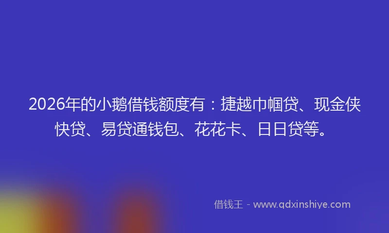 2026年的小鹅借钱额度有：捷越巾帼贷、现金侠快贷、易贷通钱包、花花卡、日日贷等。