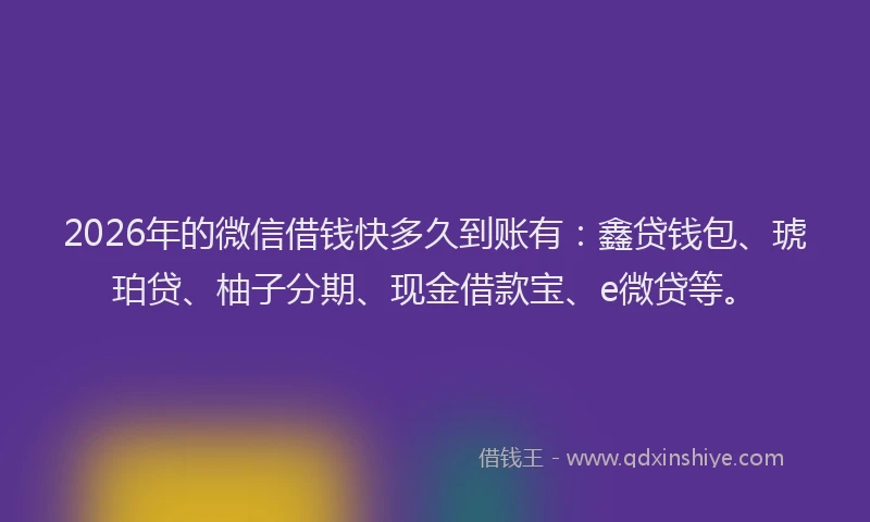 2026年的微信借钱快多久到账有:鑫贷钱包、琥珀贷、柚子分期、现金借款宝、e微贷等。
