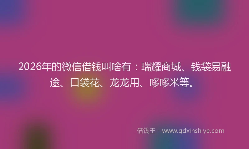 2026年的微信借钱叫啥有：瑞耀商城、钱袋易融途、口袋花、龙龙用、哆哆米等。