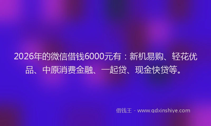2026年的微信借钱6000元有：新机易购、轻花优品、中原消费金融、一起贷、现金快贷等。