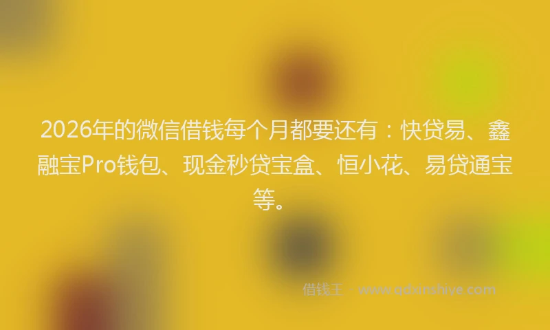 2026年的微信借钱每个月都要还有：快贷易、鑫融宝Pro钱包、现金秒贷宝盒、恒小花、易贷通宝等。
