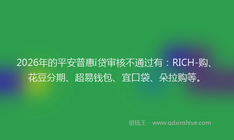 2026年的平安普惠i贷审核不通过有：RICH-购、花豆分期、超易钱包、宜口袋、朵拉购等。