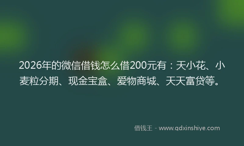 2026年的微信借钱怎么借200元有：天小花、小麦粒分期、现金宝盒、爱物商城、天天富贷等。