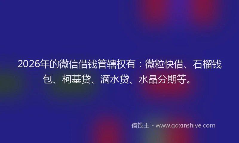 2026年的微信借钱管辖权有:微粒快借、石榴钱包、柯基贷、滴水贷、水晶分期等。