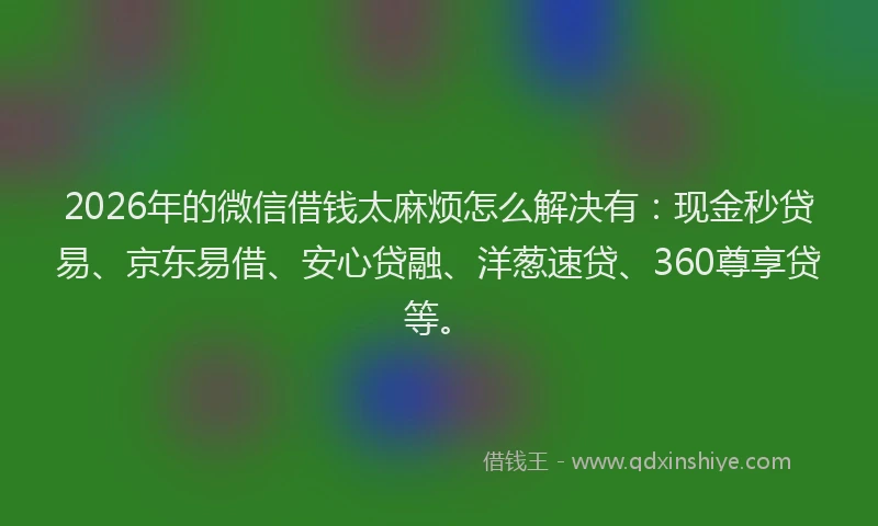 2026年的微信借钱太麻烦怎么解决有：现金秒贷易、京东易借、安心贷融、洋葱速贷、360尊享贷等。