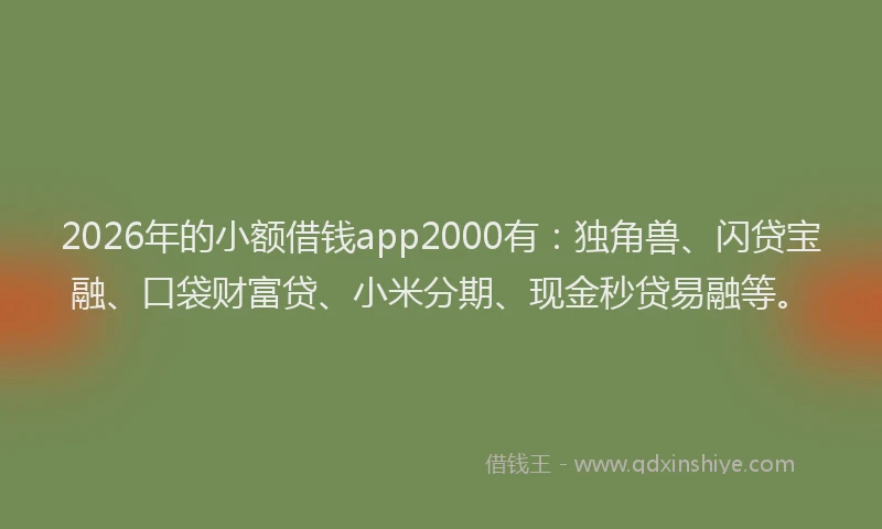 2026年的小额借钱app2000有：独角兽、闪贷宝融、口袋财富贷、小米分期、现金秒贷易融等。