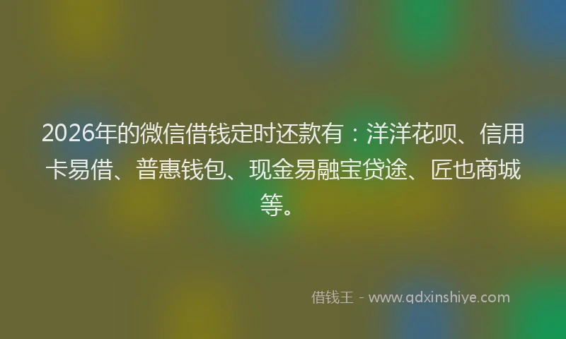 2026年的微信借钱定时还款有：洋洋花呗、信用卡易借、普惠钱包、现金易融宝贷途、匠也商城等。