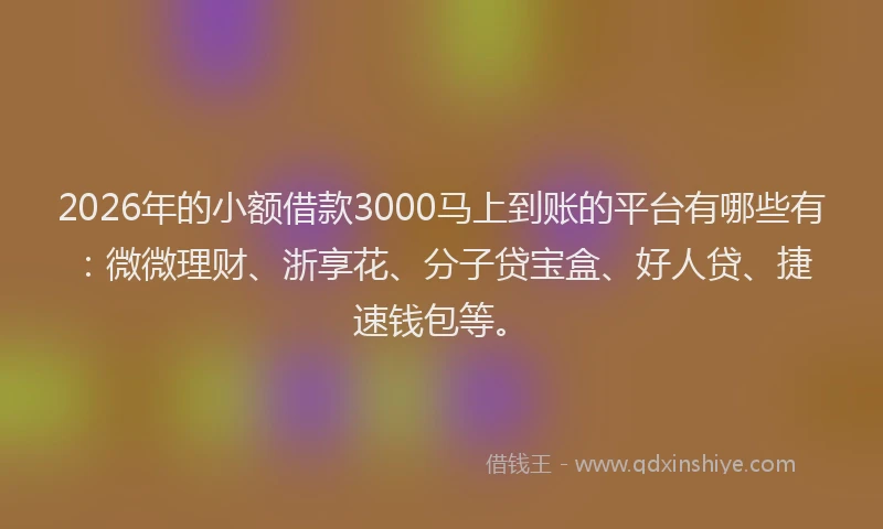 2026年的小额借款3000马上到账的平台有哪些有：微微理财、浙享花、分子贷宝盒、好人贷、捷速钱包等。