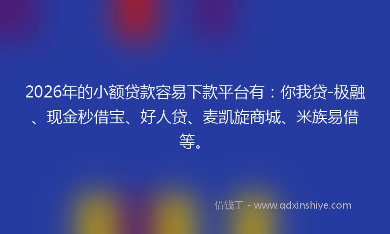 2026年的小额贷款容易下款平台有：你我贷-极融、现金秒借宝、好人贷、麦凯旋商城、米族易借等。