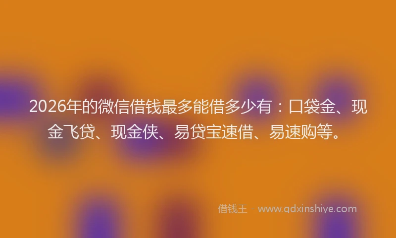 2026年的微信借钱最多能借多少有：口袋金、现金飞贷、现金侠、易贷宝速借、易速购等。