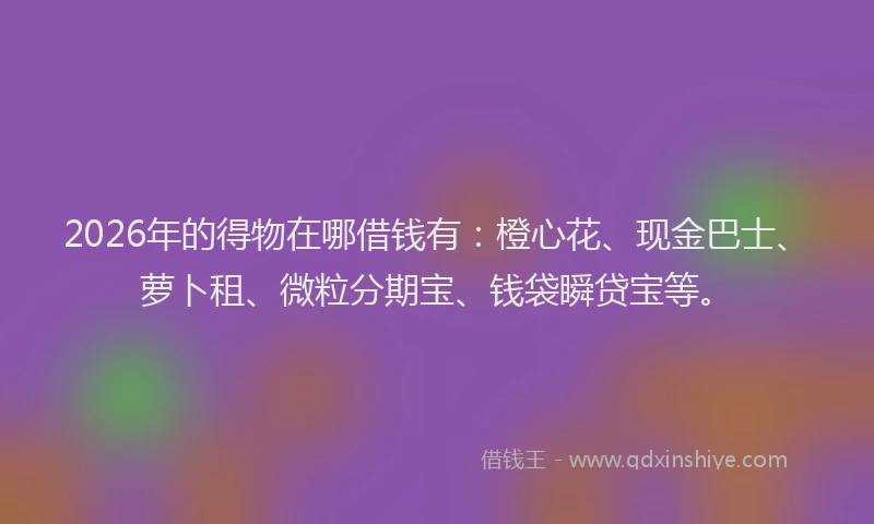 2026年的得物在哪借钱有：橙心花、现金巴士、萝卜租、微粒分期宝、钱袋瞬贷宝等。