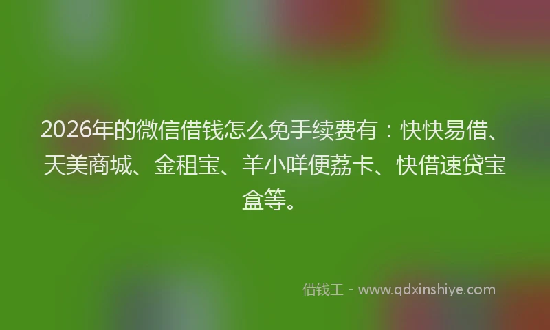 2026年的微信借钱怎么免手续费有：快快易借、天美商城、金租宝、羊小咩便荔卡、快借速贷宝盒等。