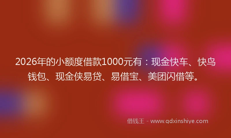 2026年的小额度借款1000元有：现金快车、快鸟钱包、现金侠易贷、易借宝、美团闪借等。