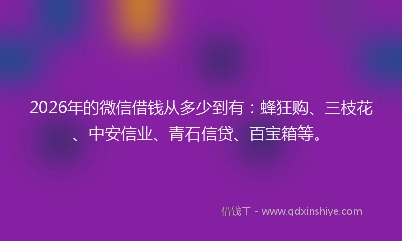 2026年的微信借钱从多少到有：蜂狂购、三枝花、中安信业、青石信贷、百宝箱等。