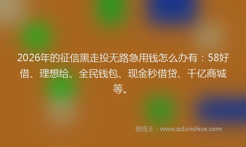 2026年的征信黑走投无路急用钱怎么办有：58好借、理想给、全民钱包、现金秒借贷、千亿商城等。
