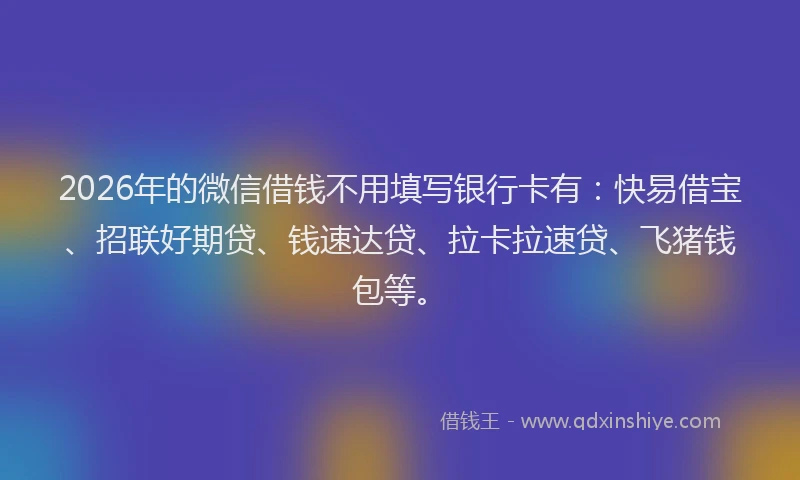 2026年的微信借钱不用填写银行卡有：快易借宝、招联好期贷、钱速达贷、拉卡拉速贷、飞猪钱包等。