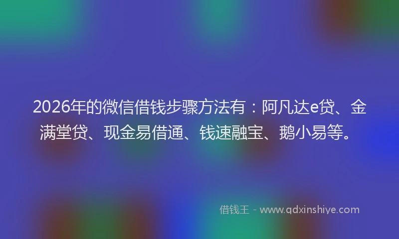 2026年的微信借钱步骤方法有：阿凡达e贷、金满堂贷、现金易借通、钱速融宝、鹅小易等。