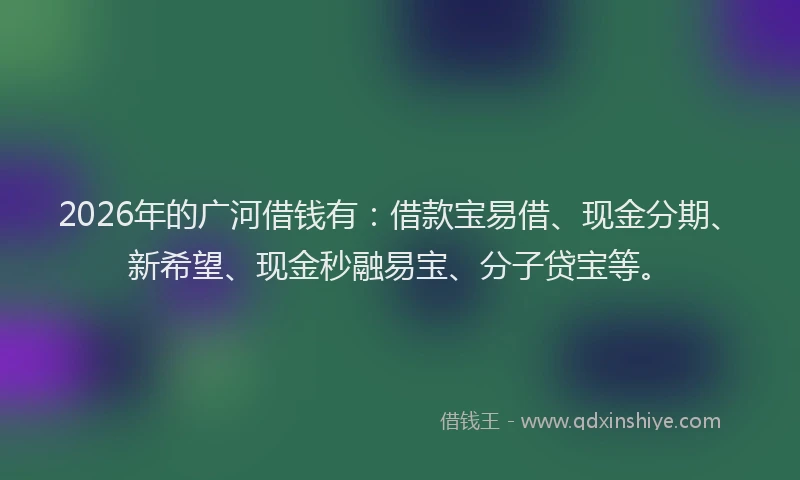 2026年的广河借钱有：借款宝易借、现金分期、新希望、现金秒融易宝、分子贷宝等。