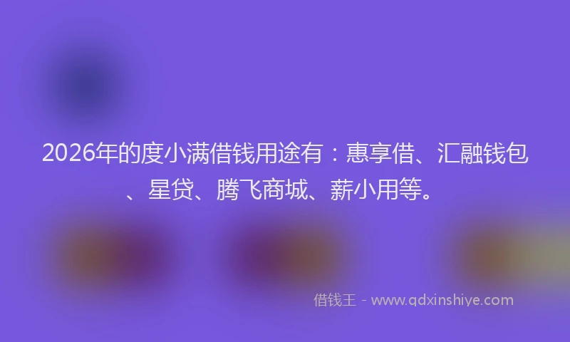 2026年的度小满借钱用途有:惠享借、汇融钱包、星贷、腾飞商城、薪小用等。