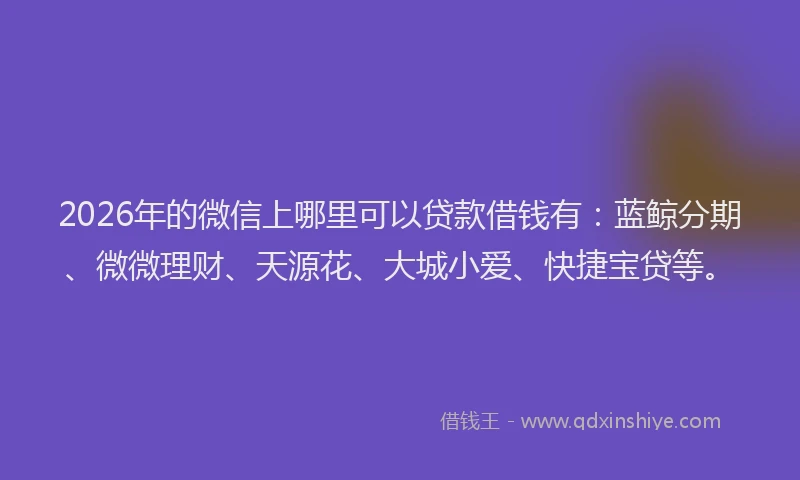 2026年的微信上哪里可以贷款借钱有:蓝鲸分期、微微理财、天源花、大城小爱、快捷宝贷等。