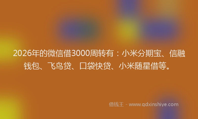 2026年的微信借3000周转有：小米分期宝、信融钱包、飞鸟贷、口袋快贷、小米随星借等。