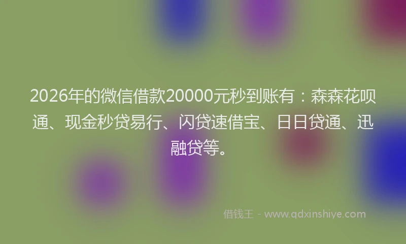 2026年的微信借款20000元秒到账有：森森花呗通、现金秒贷易行、闪贷速借宝、日日贷通、迅融贷等。