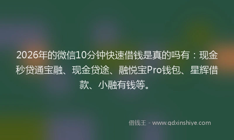 2026年的微信10分钟快速借钱是真的吗有：现金秒贷通宝融、现金贷途、融悦宝Pro钱包、星辉借款、小融有钱等。