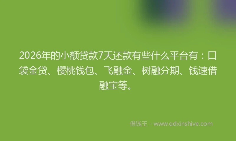 2026年的小额贷款7天还款有些什么平台有：口袋金贷、樱桃钱包、飞融金、树融分期、钱速借融宝等。