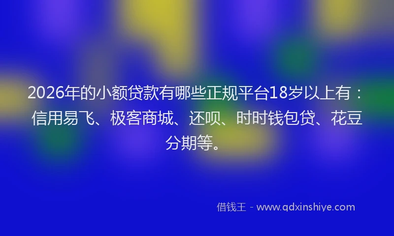 2026年的小额贷款有哪些正规平台18岁以上有：信用易飞、极客商城、还呗、时时钱包贷、花豆分期等。