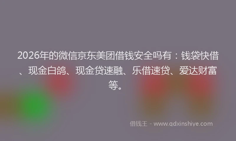 2026年的微信京东美团借钱安全吗有：钱袋快借、现金白鸽、现金贷速融、乐借速贷、爱达财富等。