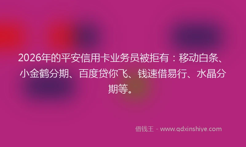 2026年的平安信用卡业务员被拒有：移动白条、小金鹤分期、百度贷你飞、钱速借易行、水晶分期等。