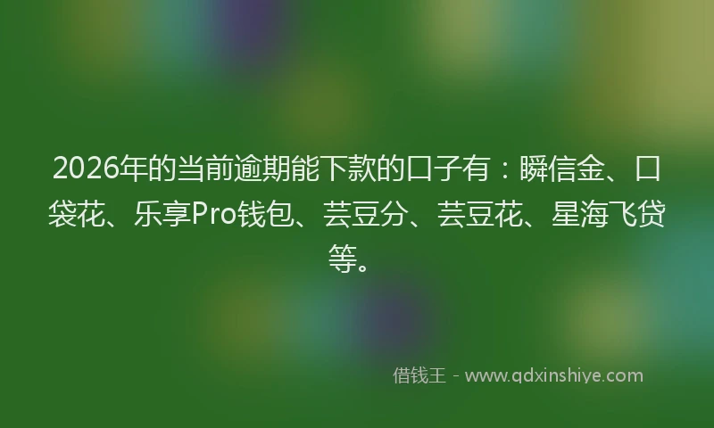 2026年的当前逾期能下款的口子有：瞬信金、口袋花、乐享Pro钱包、芸豆分、芸豆花、星海飞贷等。