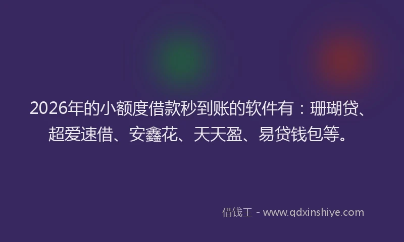 2026年的小额度借款秒到账的软件有：珊瑚贷、超爱速借、安鑫花、天天盈、易贷钱包等。