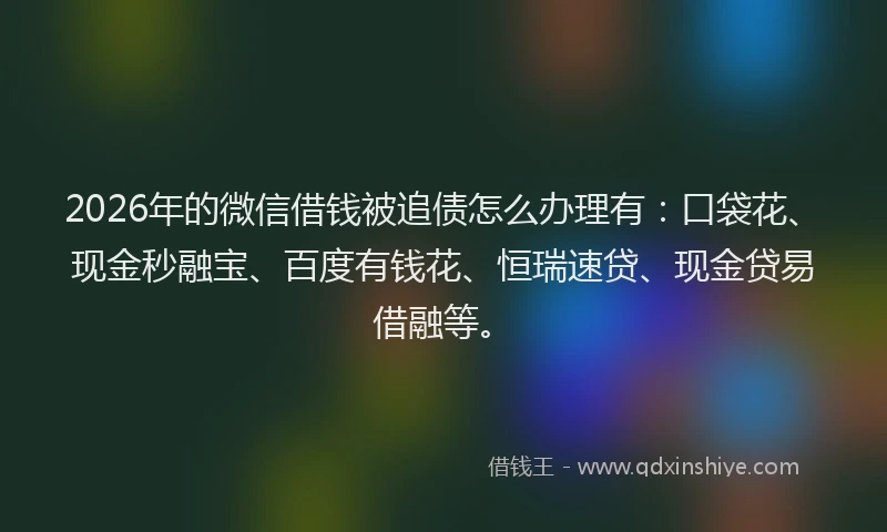 2026年的微信借钱被追债怎么办理有：口袋花、现金秒融宝、百度有钱花、恒瑞速贷、现金贷易借融等。