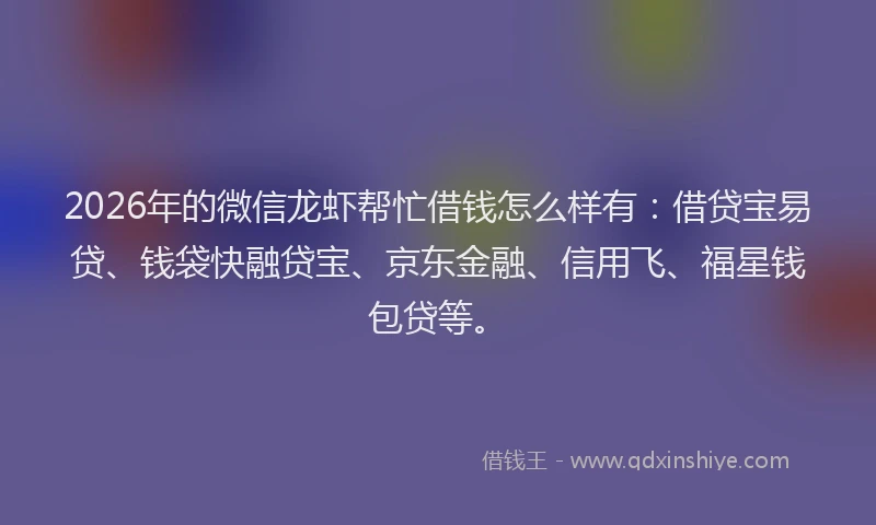2026年的微信龙虾帮忙借钱怎么样有：借贷宝易贷、钱袋快融贷宝、京东金融、信用飞、福星钱包贷等。
