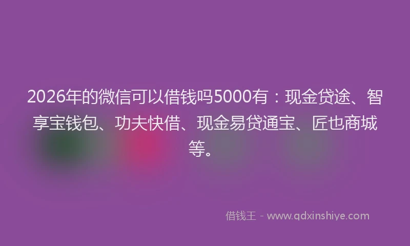 2026年的微信可以借钱吗5000有：现金贷途、智享宝钱包、功夫快借、现金易贷通宝、匠也商城等。