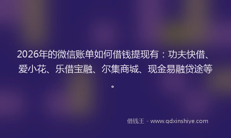 2026年的微信账单如何借钱提现有：功夫快借、爱小花、乐借宝融、尔集商城、现金易融贷途等。