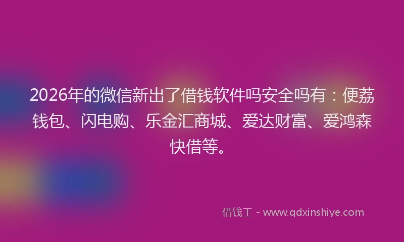 2026年的微信新出了借钱软件吗安全吗有:便荔钱包、闪电购、乐金汇商城、爱达财富、爱鸿森快借等。