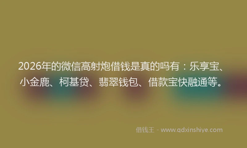2026年的微信高射炮借钱是真的吗有：乐享宝、小金鹿、柯基贷、翡翠钱包、借款宝快融通等。