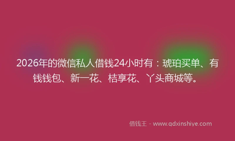 2026年的微信私人借钱24小时有：琥珀买单、有钱钱包、新一花、桔享花、丫头商城等。