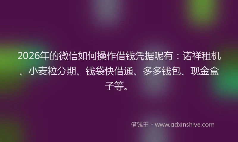 2026年的微信如何操作借钱凭据呢有:诺祥租机、小麦粒分期、钱袋快借通、多多钱包、现金盒子等。