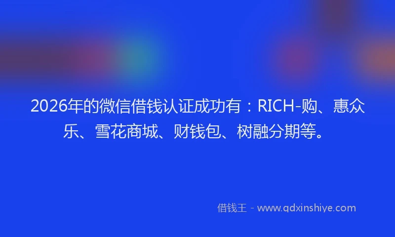 2026年的微信借钱认证成功有：RICH-购、惠众乐、雪花商城、财钱包、树融分期等。