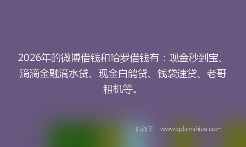 2026年的微博借钱和哈罗借钱有:现金秒到宝、滴滴金融滴水贷、现金白鸽贷、钱袋速贷、老哥租机等。
