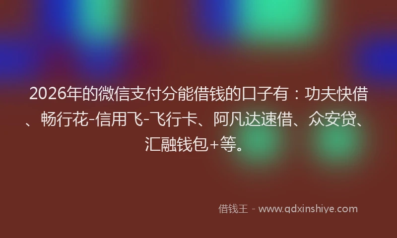 2026年的微信支付分能借钱的口子有：功夫快借、畅行花-信用飞-飞行卡、阿凡达速借、众安贷、汇融钱包+等。