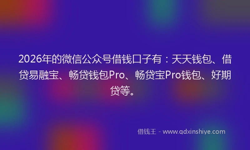 2026年的微信公众号借钱口子有：天天钱包、借贷易融宝、畅贷钱包Pro、畅贷宝Pro钱包、好期贷等。