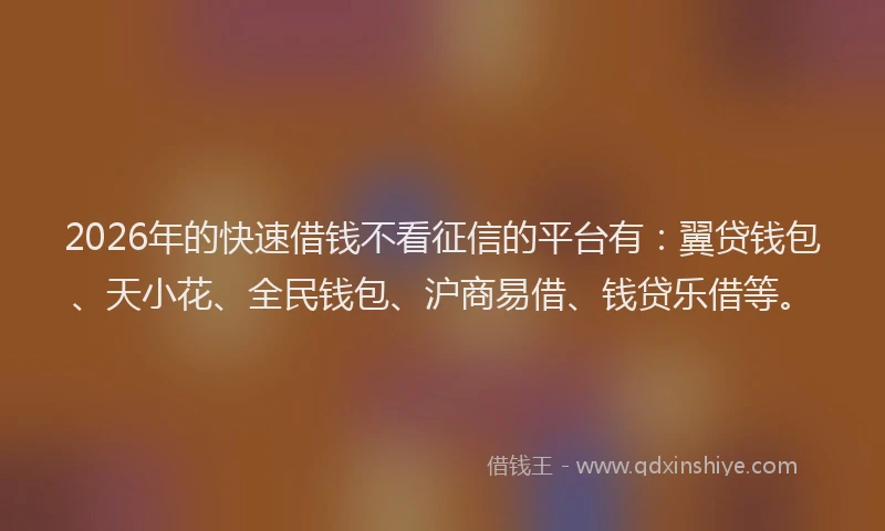 2026年的快速借钱不看征信的平台有：翼贷钱包、天小花、全民钱包、沪商易借、钱贷乐借等。