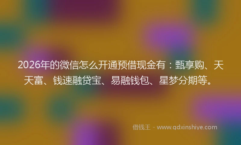 2026年的微信怎么开通预借现金有：甄享购、天天富、钱速融贷宝、易融钱包、星梦分期等。